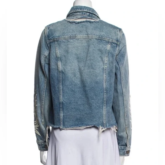 ALLSAINTS Denim Jacket Raw Hem Embroidered Sleeves Ribbed Size XS Washed Blue - Picture 2 of 9